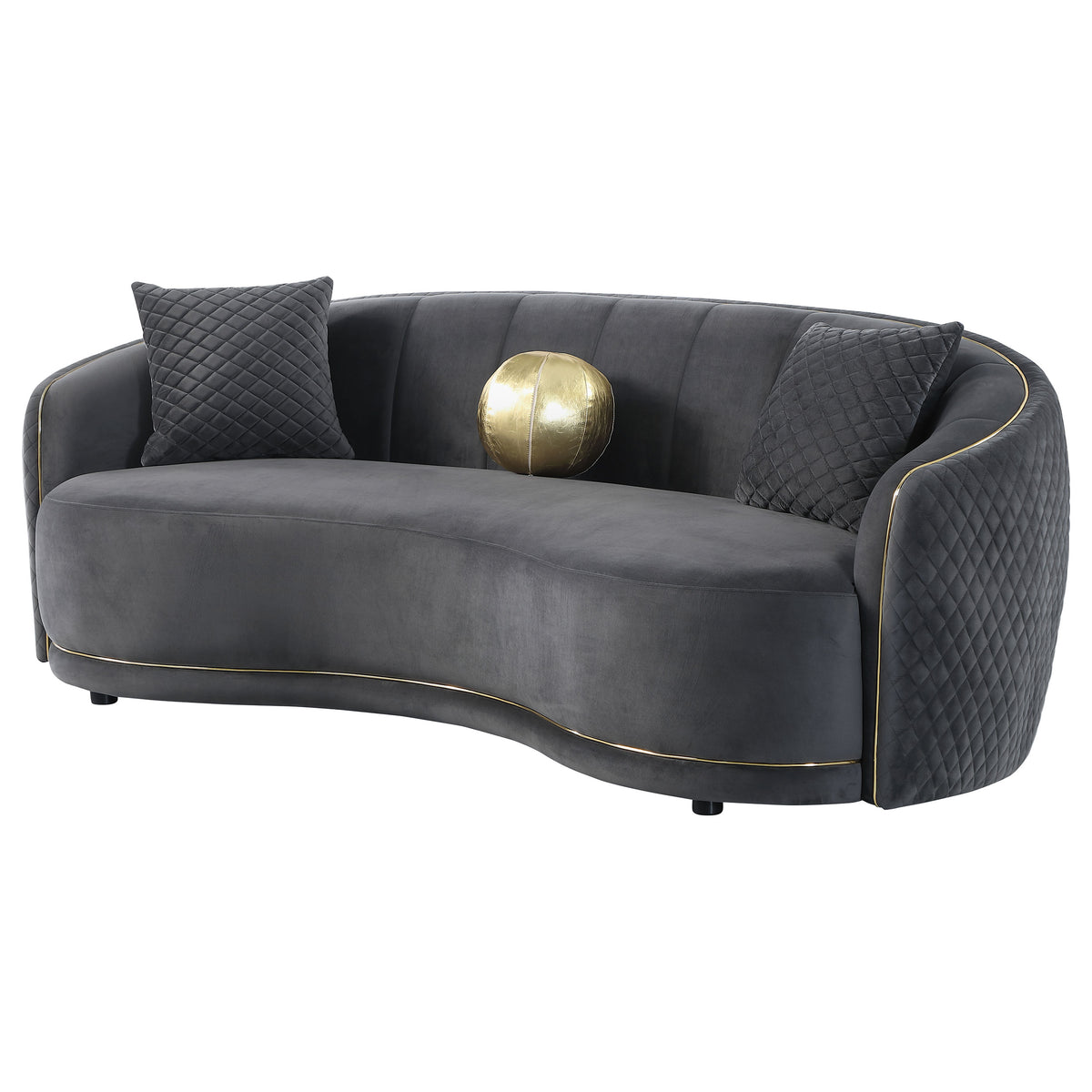 Brookside Curved Velvet Sofa & Loveseat - Channel Tufted Dark Grey with Gold Trim, Modern Living Room Sets – view 7