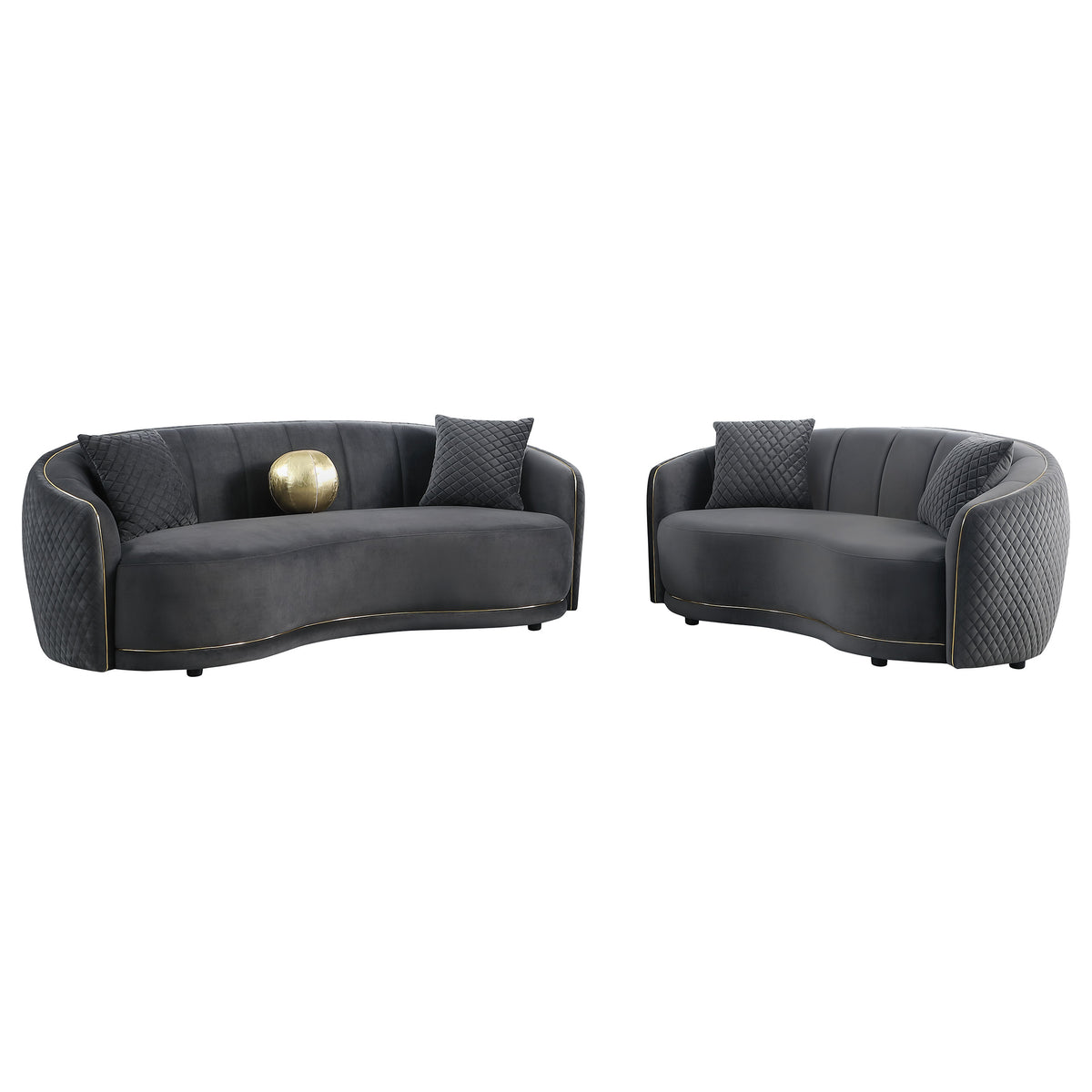 Brookside Curved Velvet Sofa & Loveseat - Channel Tufted Dark Grey with Gold Trim, Modern Living Room Sets – view 16