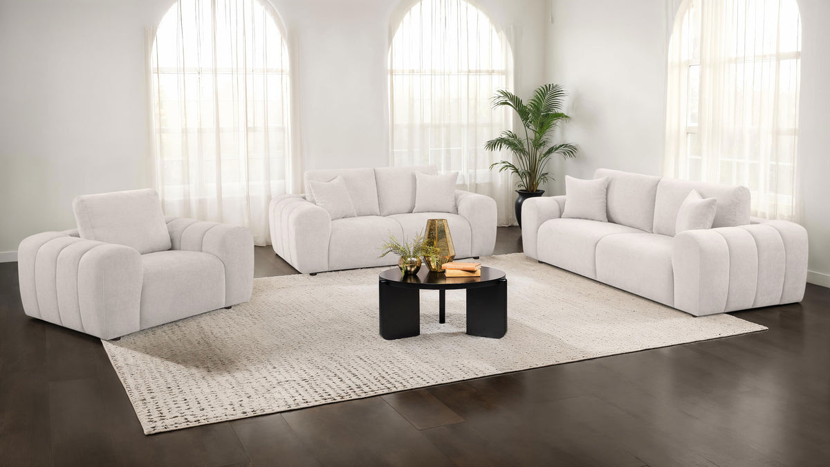 Burnett Wide Arm Chenille Sofa, Loveseat, Chair & Ottoman - Sculptural Ivory Living Room Sets