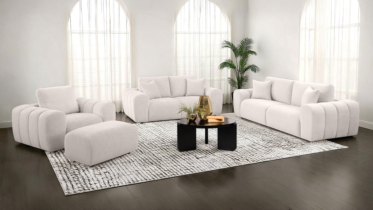 Burnett Wide Arm Chenille Sofa, Loveseat, Chair & Ottoman - Sculptural Ivory Living Room Sets