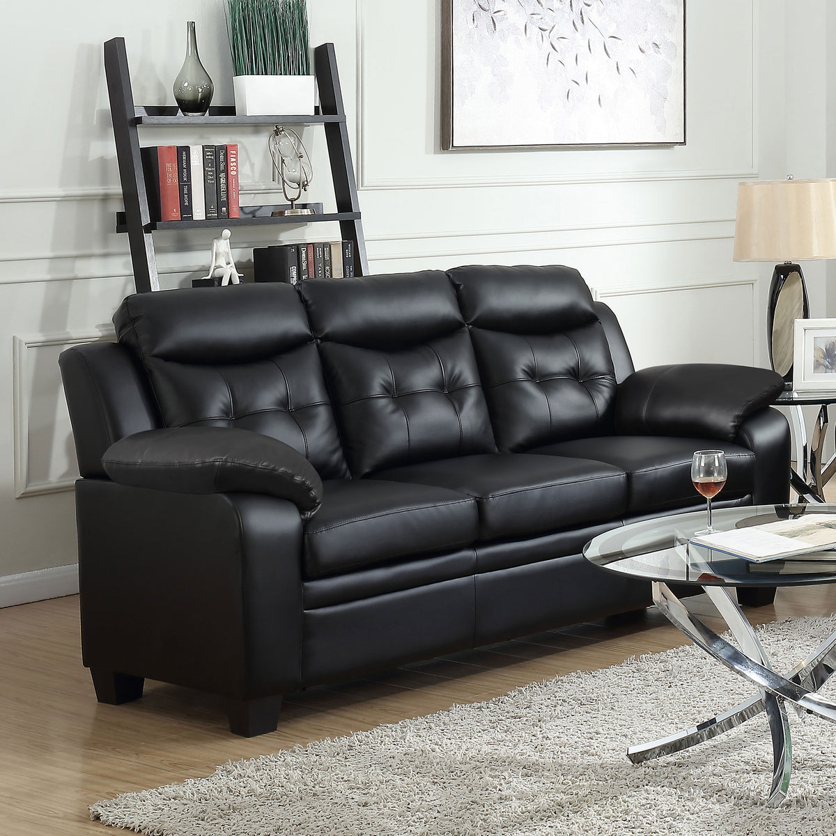 Finley Tufted Sofa, Loveseat & Chair - Black Faux Leather with Padded Headrests & Pocket Coil Seating – view 1
