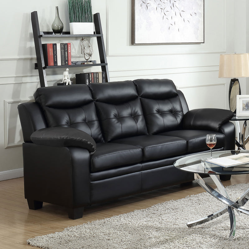 Finley Tufted Sofa, Loveseat & Chair - Black Faux Leather with Padded Headrests & Pocket Coil Seating