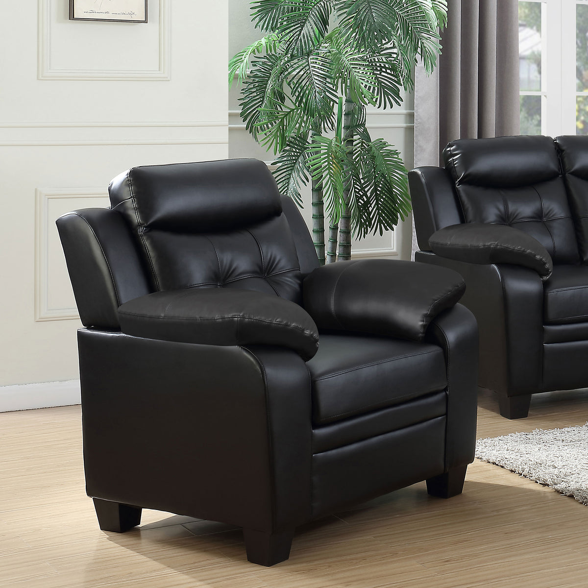 Finley Tufted Sofa, Loveseat & Chair - Black Faux Leather with Padded Headrests & Pocket Coil Seating - lifestyle