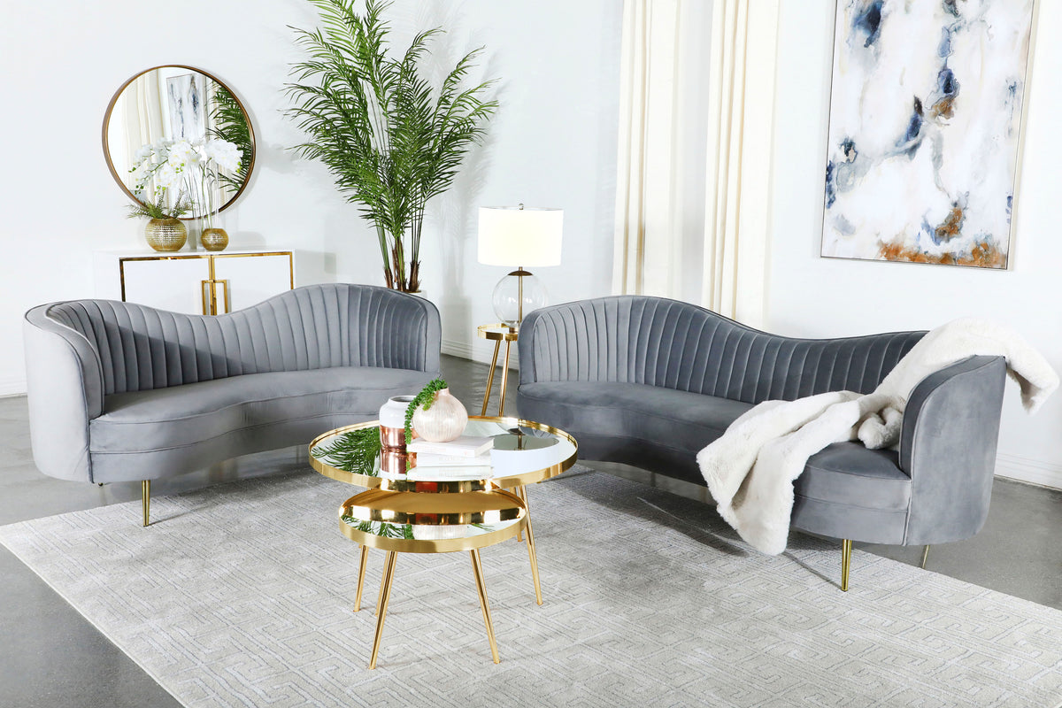 Sophia Kidney-Shaped Velvet Sofa, Loveseat & Barrel Chair - 2pcs- Sofa + Loveseat