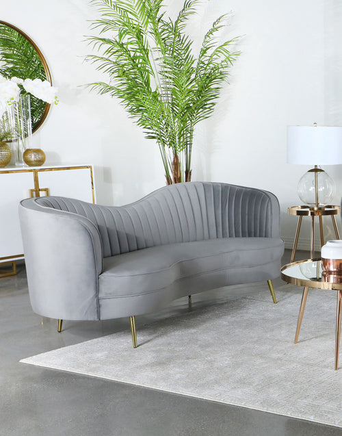 Sophia Kidney-Shaped Velvet Sofa, Loveseat & Barrel Chair - Channel Tufted Grey with Gold Legs