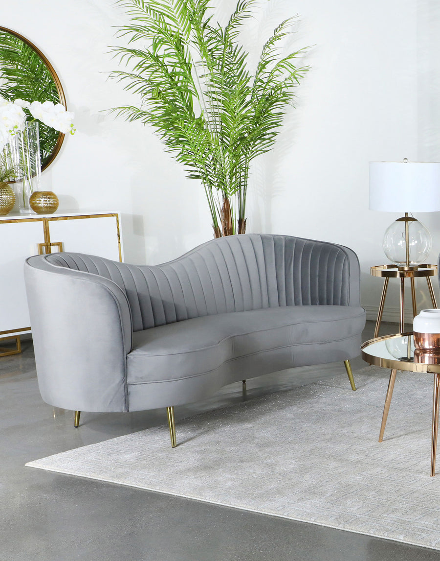 Sophia Kidney-Shaped Velvet Sofa, Loveseat & Barrel Chair - Channel Tufted Grey with Gold Legs