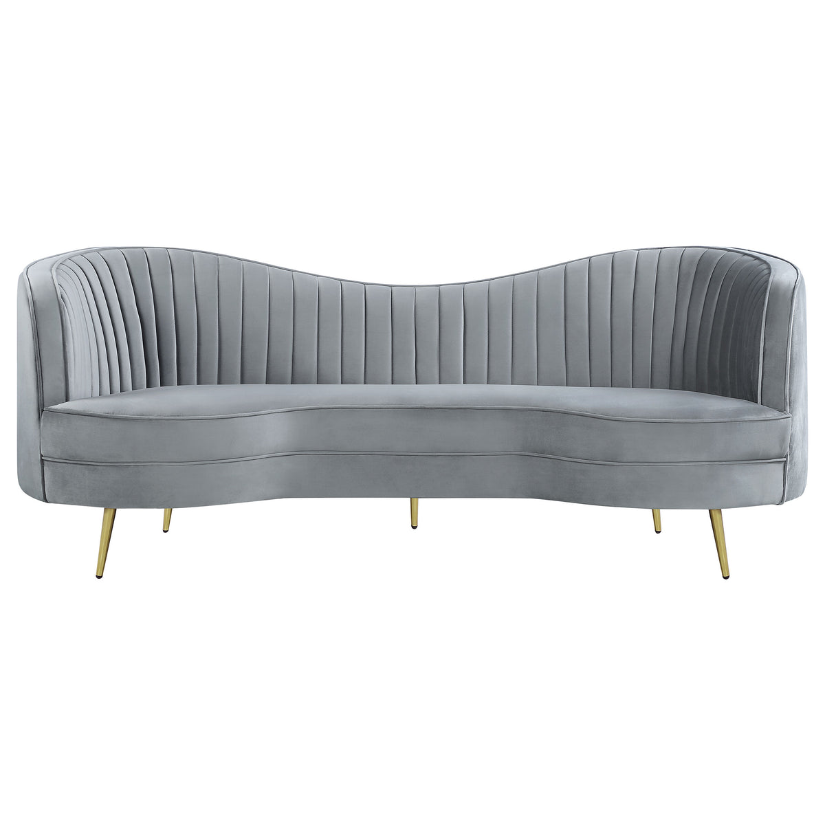 Sophia Kidney-Shaped Velvet Sofa, Loveseat & Barrel Chair - Channel Tufted Grey with Gold Legs – view 9