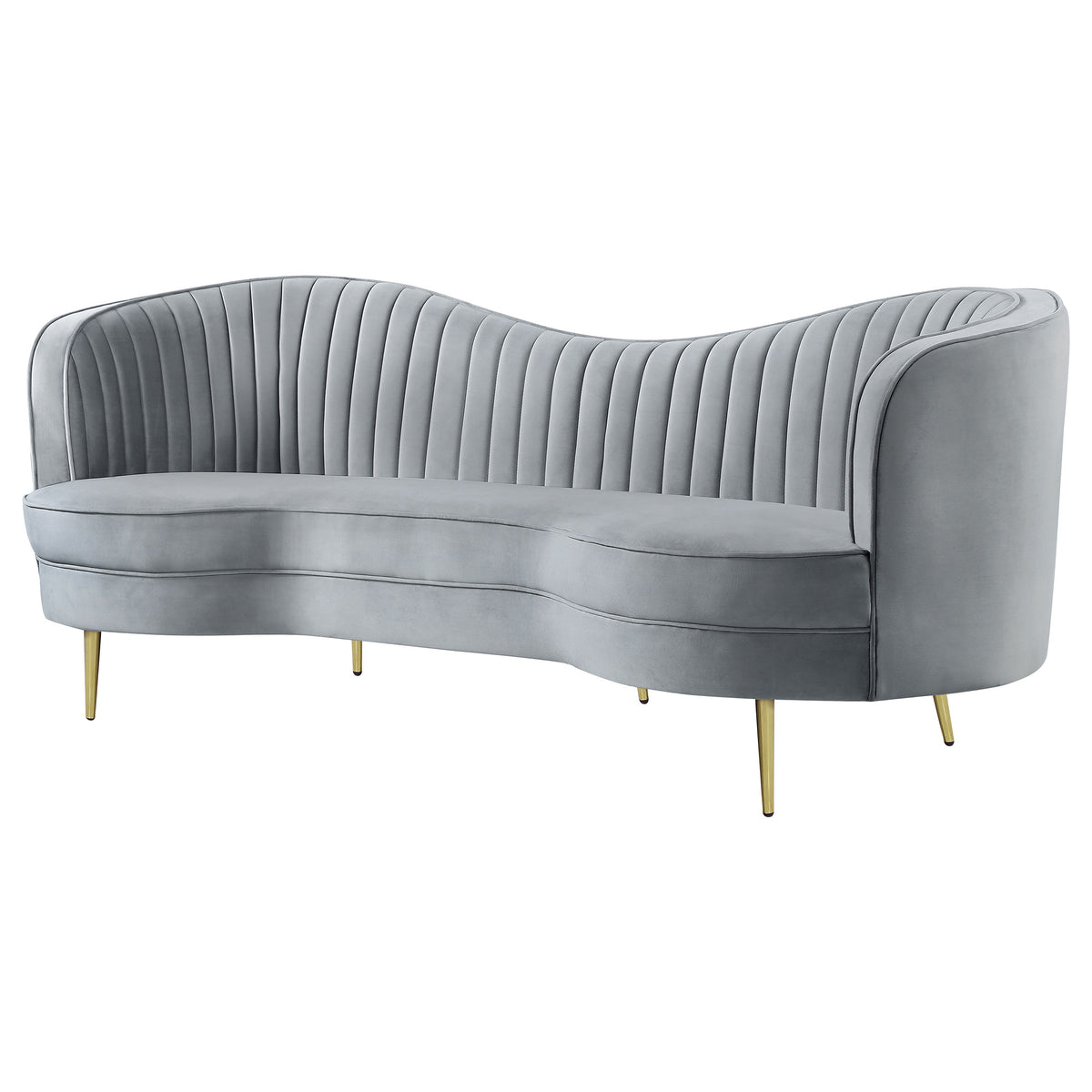Sophia Kidney-Shaped Velvet Sofa, Loveseat & Barrel Chair - Channel Tufted Grey with Gold Legs – view 10