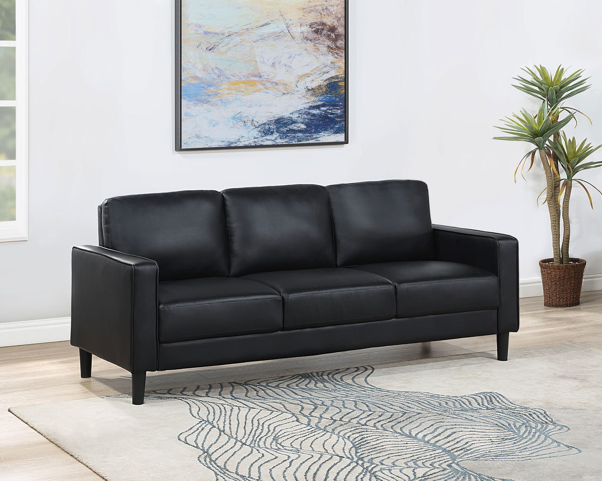 Ruth Track Arm Sofa, Loveseat & Accent Chair - Modern Black Faux Leather Living Room Sets – view 1