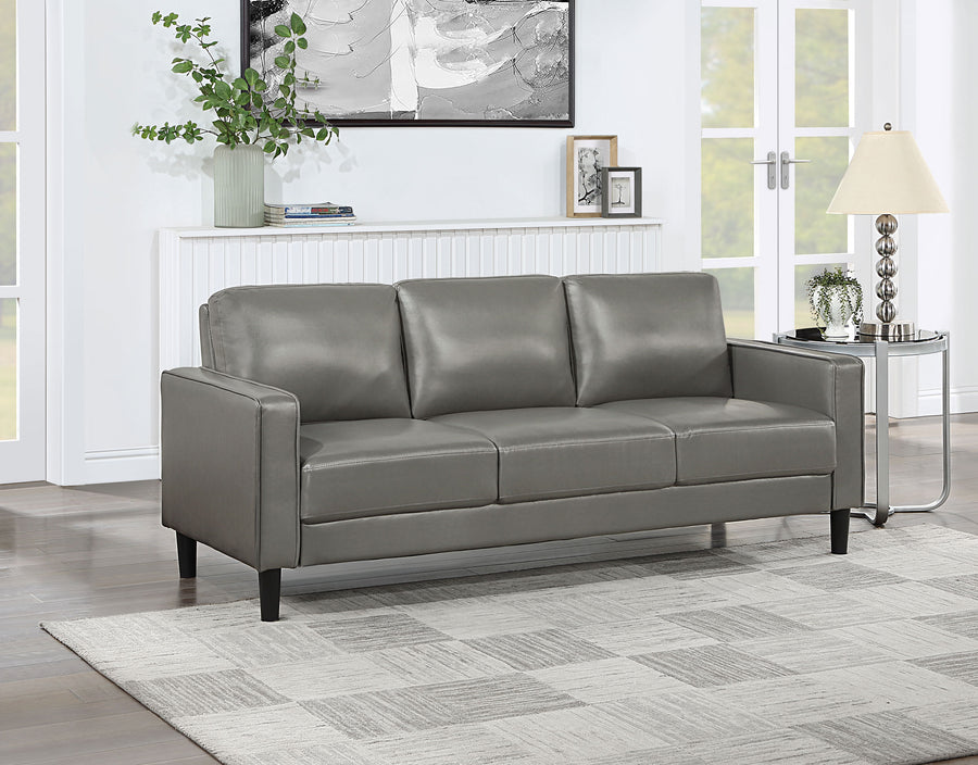 Ruth Track Arm Sofa, Loveseat & Chair - Grey Faux Leather with Black Tapered Legs
