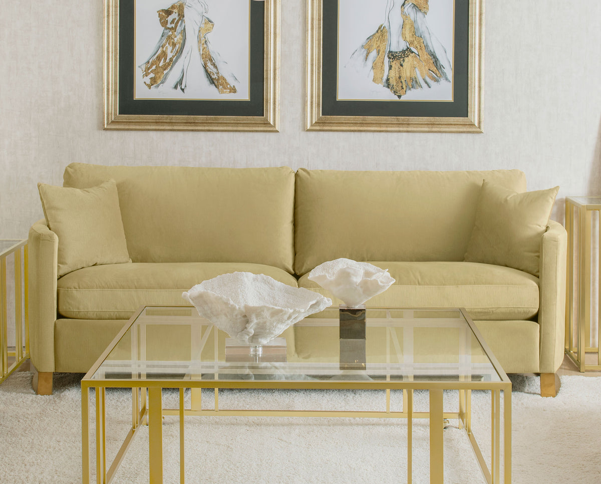 Corliss Curved Track Arm Velvet Sofa, Loveseat & Chair - Camel with Gold Legs, Living Room Sets – view 1