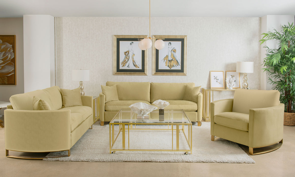 Corliss Curved Track Arm Velvet Sofa, Loveseat & Chair - Camel with Gold Legs, Living Room Sets – view 17