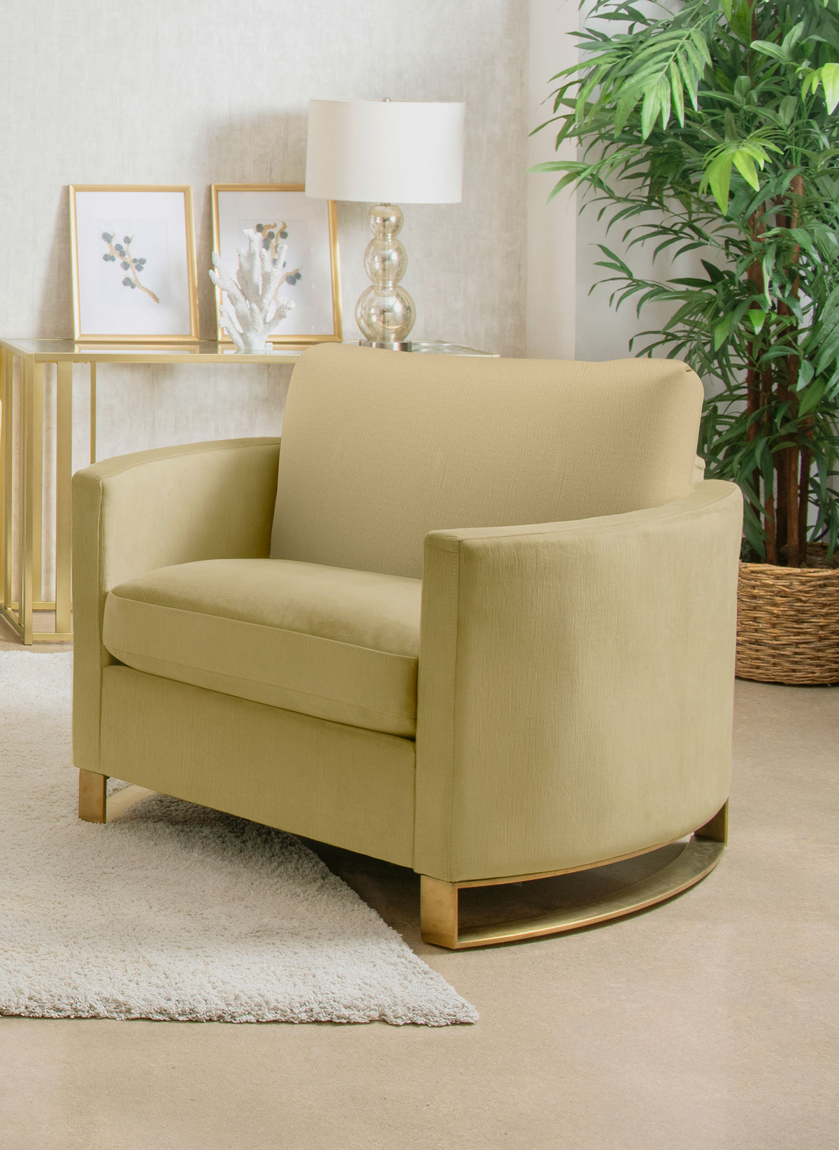 Corliss Curved Track Arm Velvet Sofa, Loveseat & Chair - Camel with Gold Legs, Living Room Sets - lifestyle