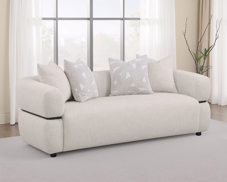 Jeanette Round Arm Sofa, Loveseat & Chair - Sculptural Beige Fabric with Waterfall Seat & Wood Trim