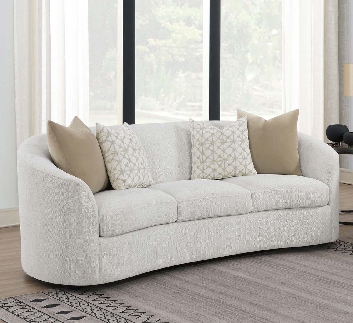 Rainn Curved Boucle Sofa, Loveseat & Accent Chair - Sloped Arms in Latte, Modern Living Room Sets – view 1