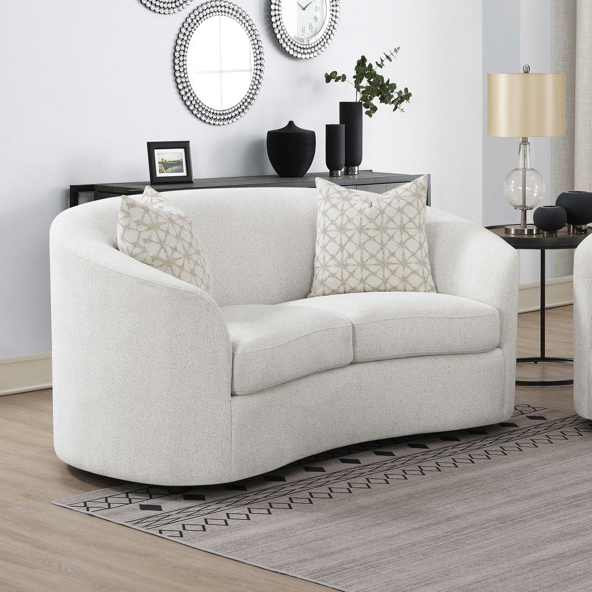 Rainn Curved Boucle Sofa, Loveseat & Accent Chair - Sloped Arms in Latte, Modern Living Room Sets – view 2