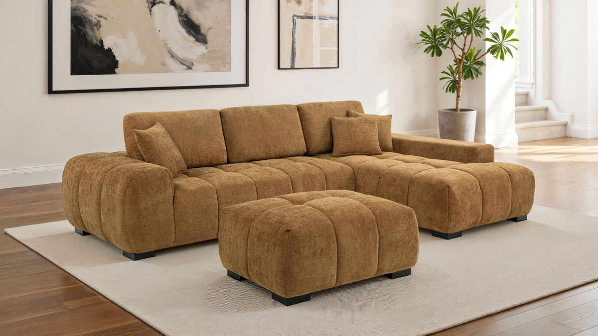 Octavia Sectional with Chaise, Accent Chair & Ottoman - Mid-Century Grid-Tufted Amber Fabric – view 13