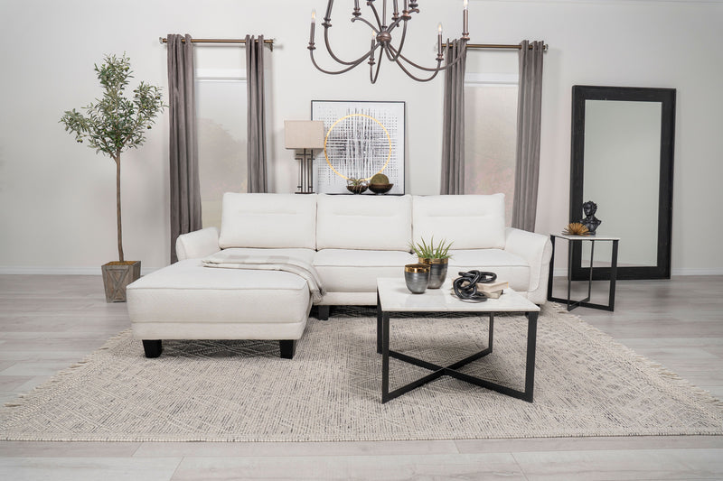 Caspian Curved Arm Chaise Sectional - White Boucle with Pocket Coil Seats & Black Tapered Legs
