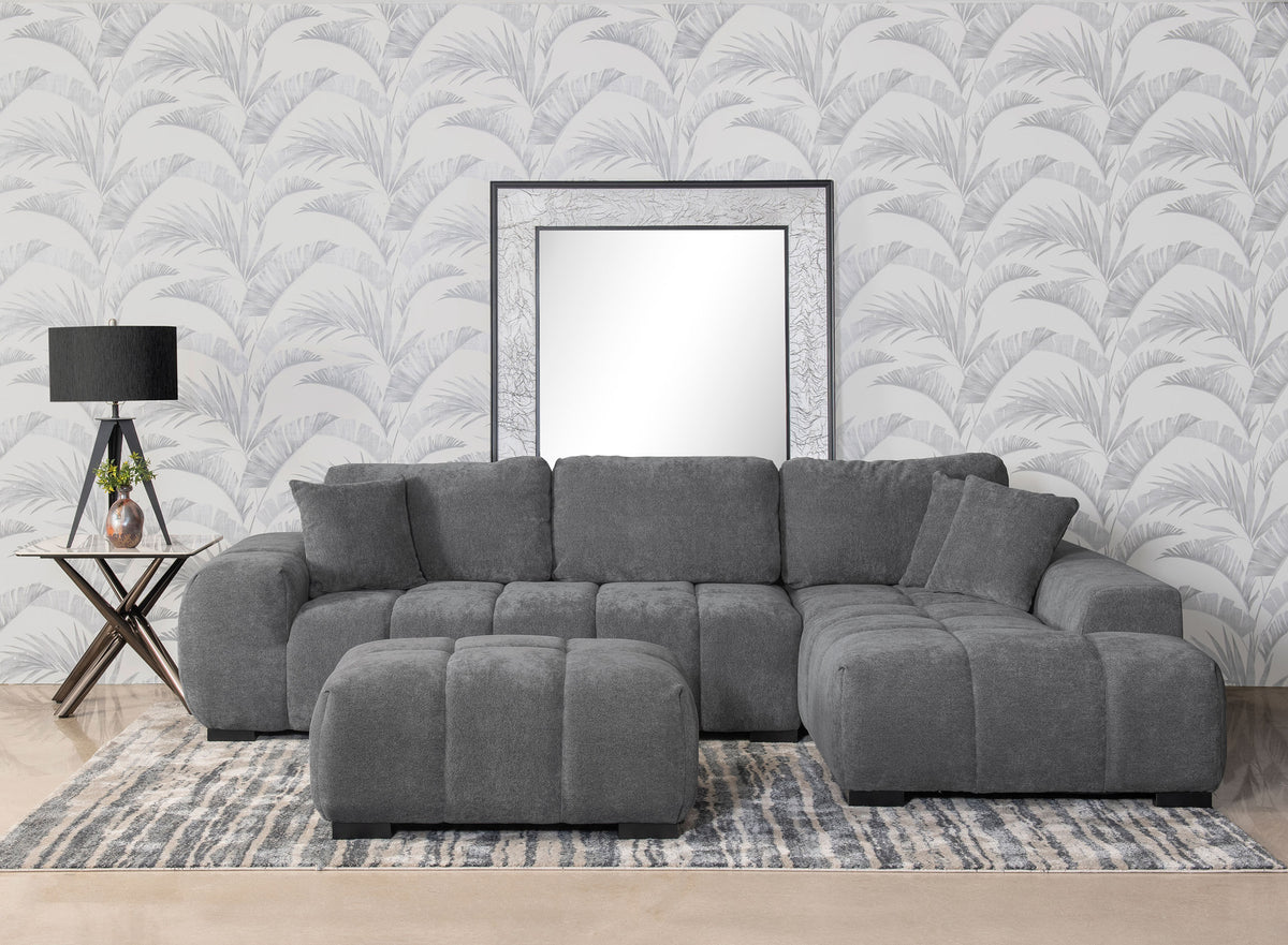 Octavia Grid-Tufted Sectional Sofa with Chaise, Oversized Chair & Ottoman - Mid-Century Charcoal Grey โ view 1