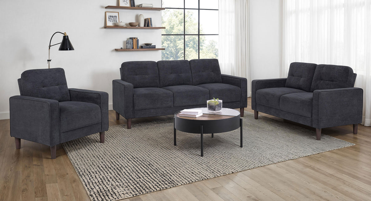Bowen II Track Arm Sofa, Loveseat & Chair - Grid-Tufted Steel Grey Fabric Living Room Sets – view 18