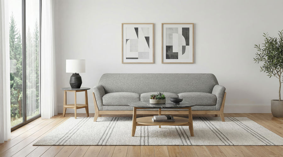 Vaughn Flared Arm Sofa, Loveseat & Accent Chair - Mid-Century Grey Fabric with Blonde Wood Frame