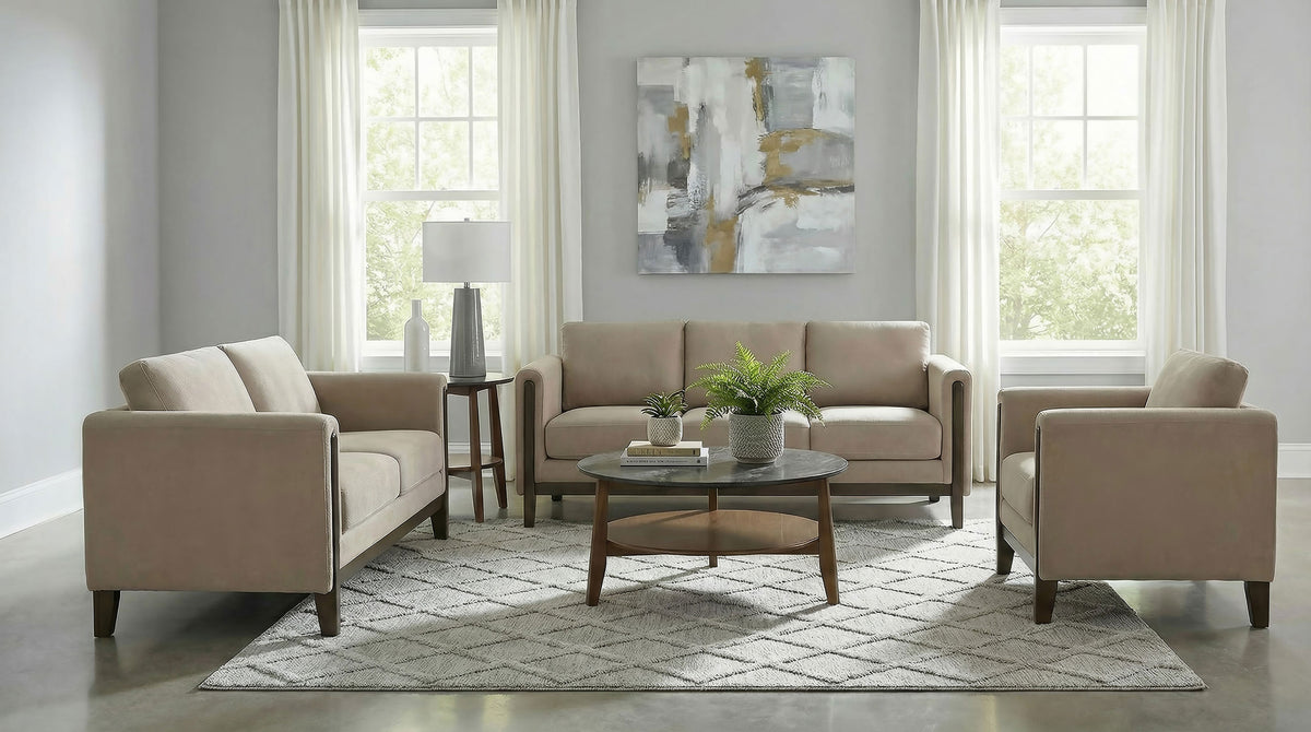 Islington Panel Arm Sofa, Loveseat & Accent Chair - Taupe Fabric on Coffee Wood Frame, Living Room Sets โ view 15
