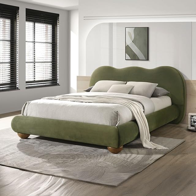 Finamore Upholstered Platform Bed with Camel-Back Headboard - Queen Size in Olive Green Velvet
