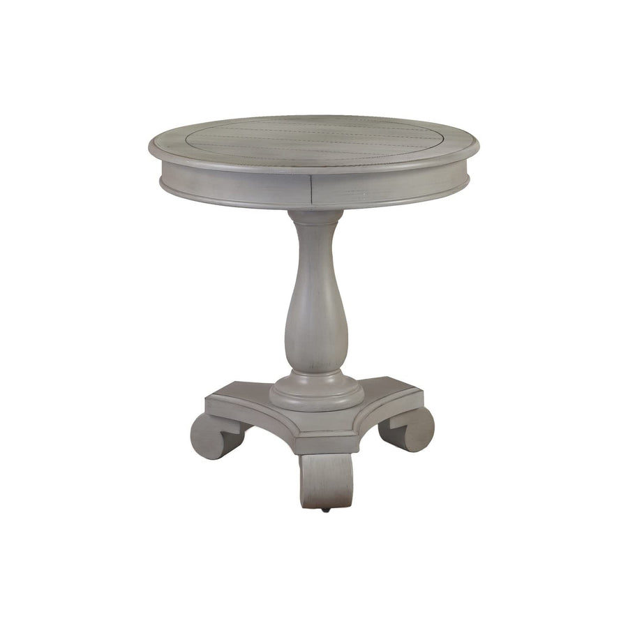 Antique Round Pedestal End Table with Ornate Base - Transitional & Teal Finish