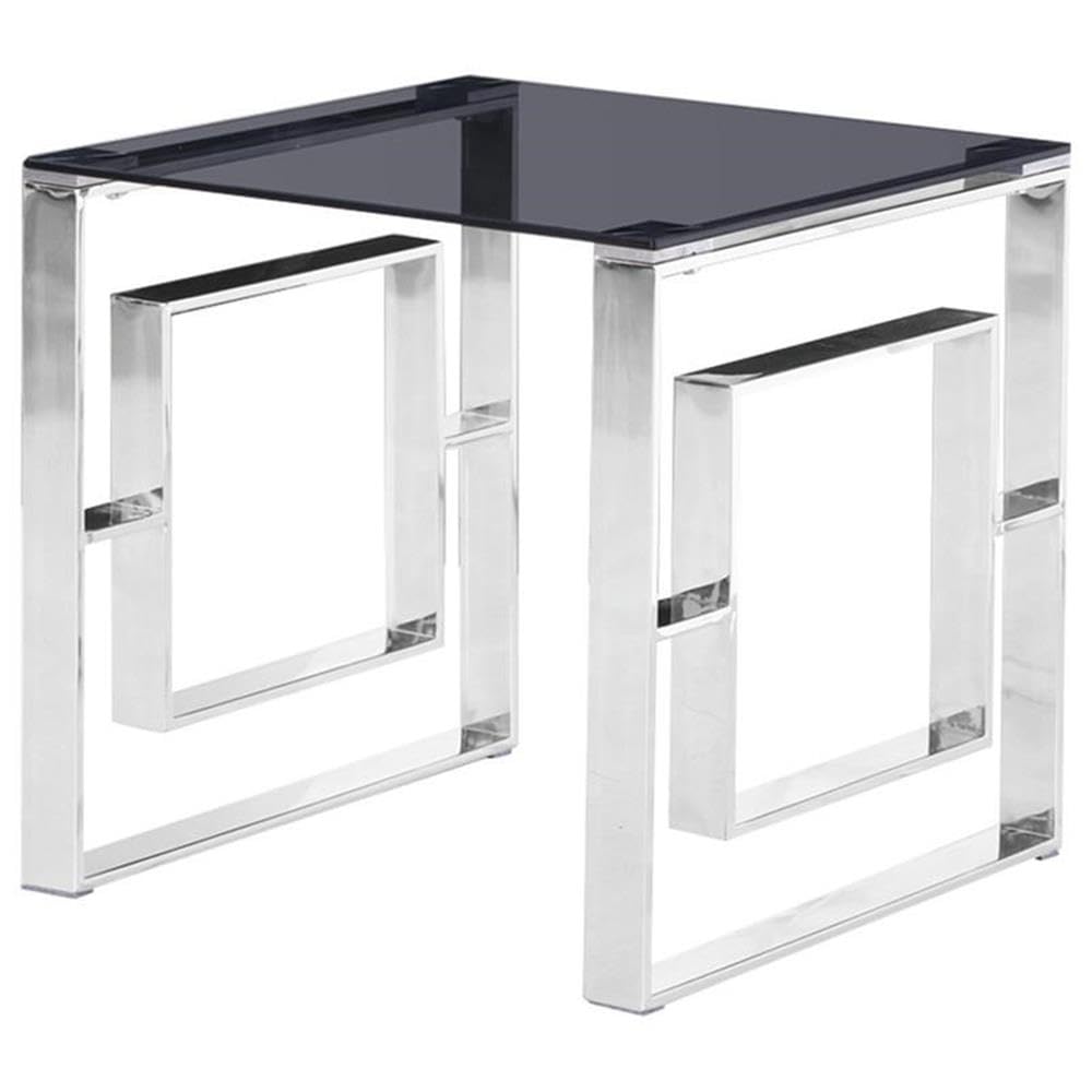 Mallory Smoked Glass End Table with Stainless Steel Sled Base