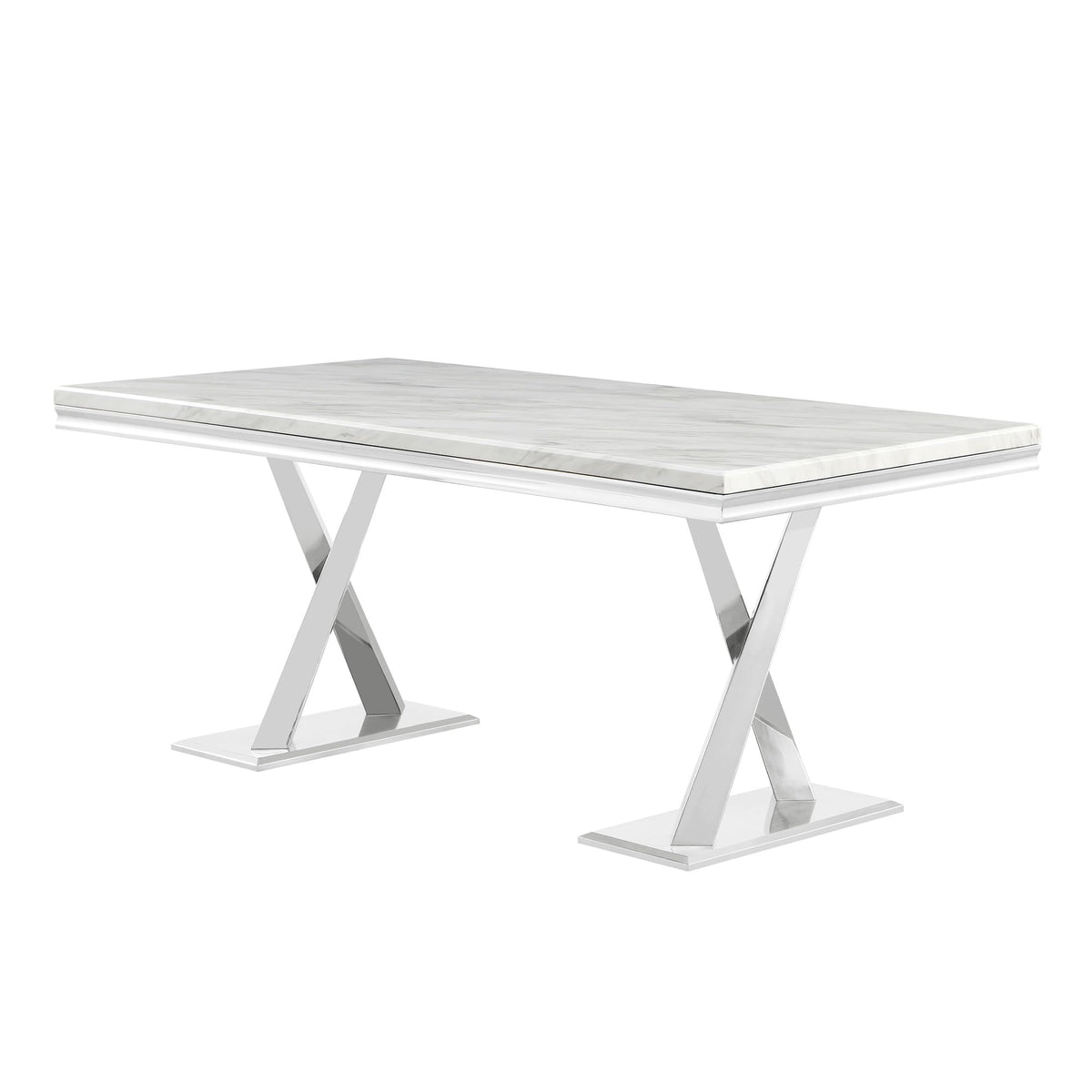 Leona Contemporary White Rectangular Faux Marble Dining Table in Silver
