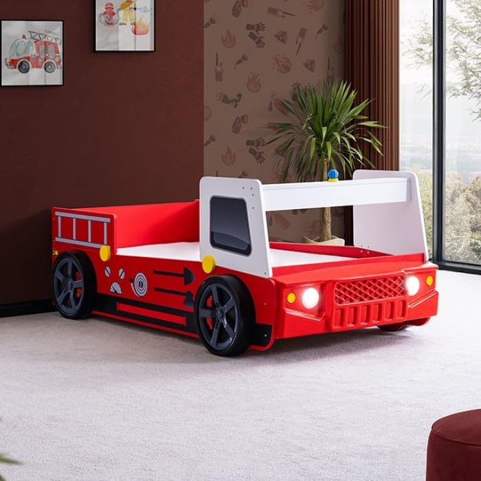 Firestall Twin Fire Truck Bed - Novelty Kids Race Car Bed in High Gloss Red