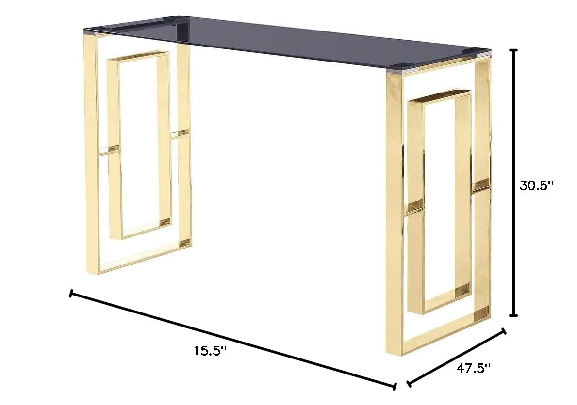 Mallory Stainless Steel and Smoked Glass Console Table in Gold - side view