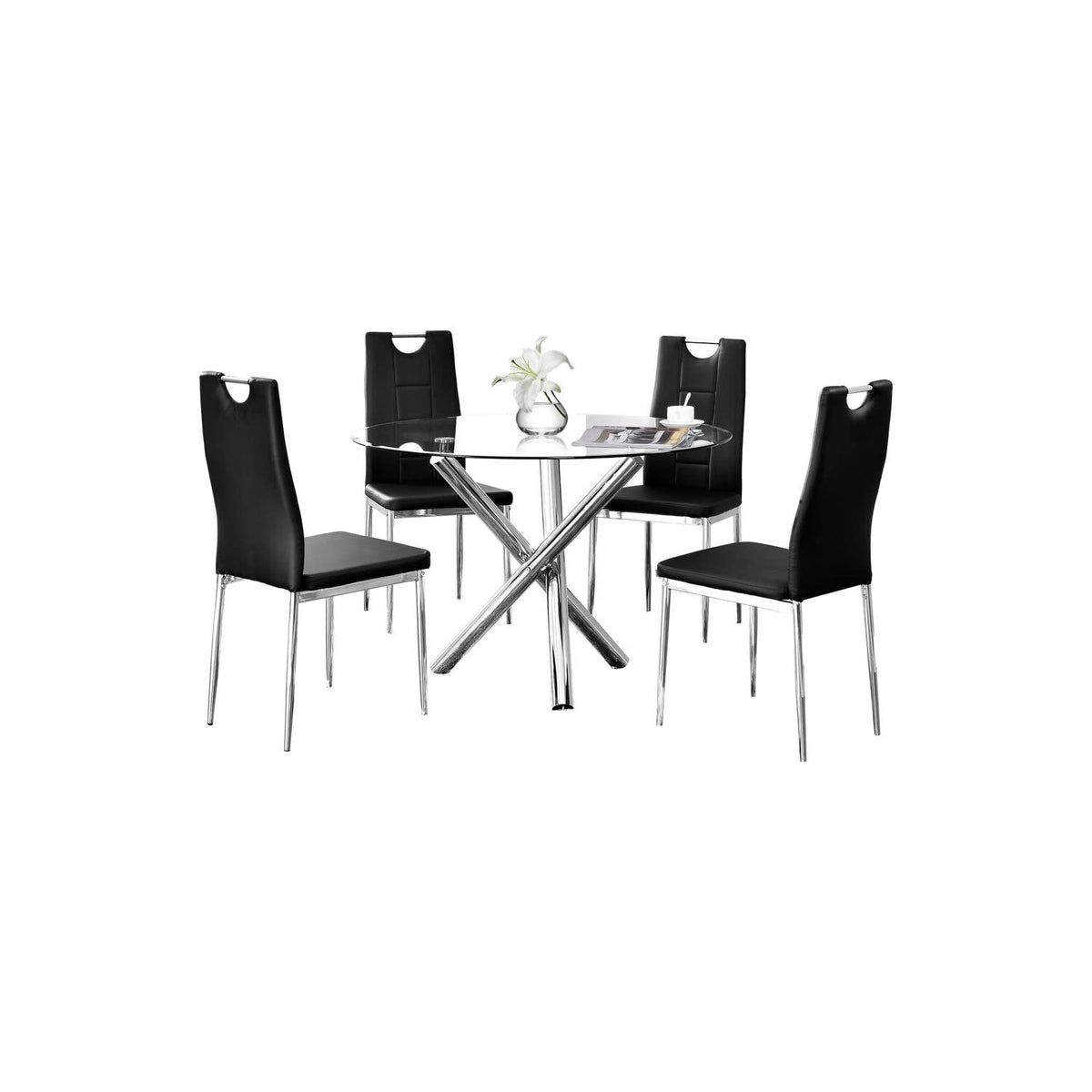 Trevi 5-Piece Round Glass Top Modern Dining Set, Contemporary Dining Table for Kitchen in Black