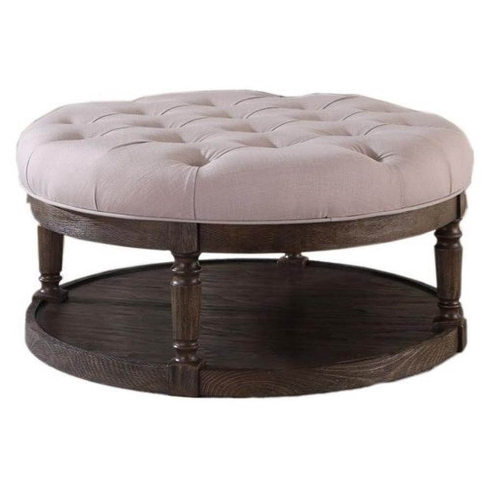 Kenia Round Cocktail Ottoman With Open Storage in Beige