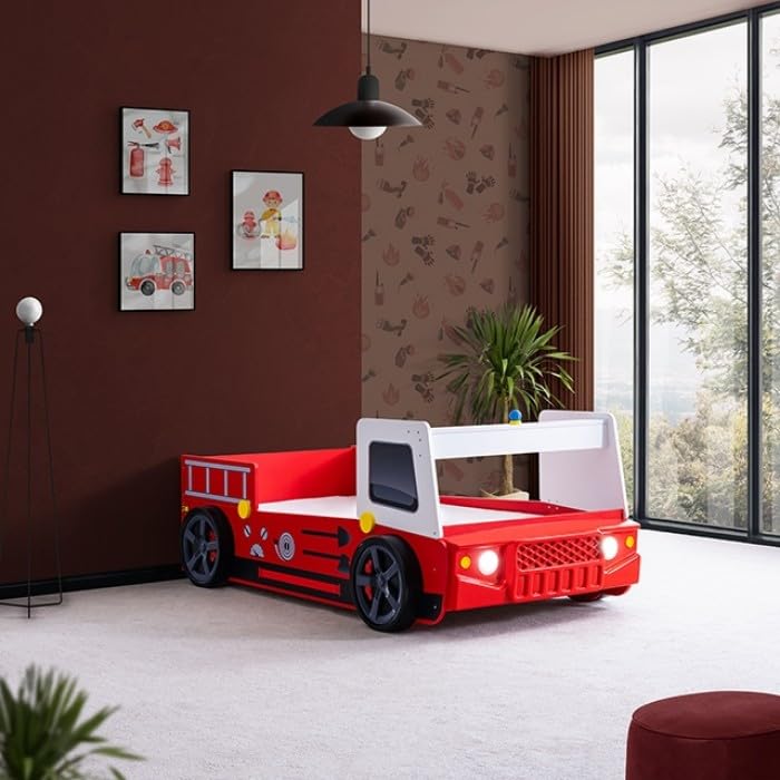 Firestall Twin Fire Truck Bed - Novelty Kids Race Car Bed in High Gloss Red