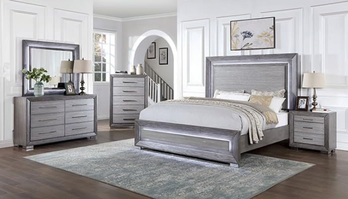 Raiden Queen Bedroom Set with Integrated LED Lighting and USB Charging - Transitional & Brushed Gray Finish