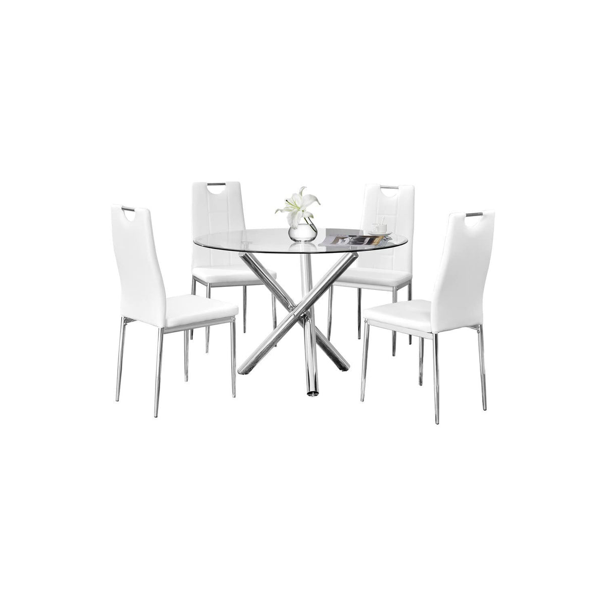Trevi 5-Piece Round Glass Top Modern Dining Set, Contemporary Dining Table for Kitchen in White
