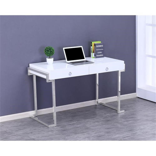 White Lacquer 2-Drawer Writing Desk Silver