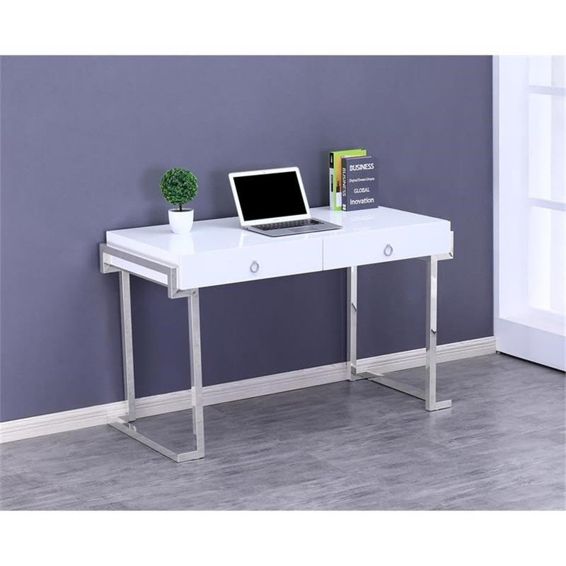 White Lacquer 2-Drawer Writing Desk Silver