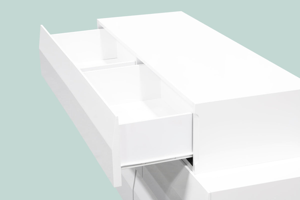 Spain 55" Modern 6-Drawer Bedroom Dresser, Built-In Side Pulls in White/Silver - angle view
