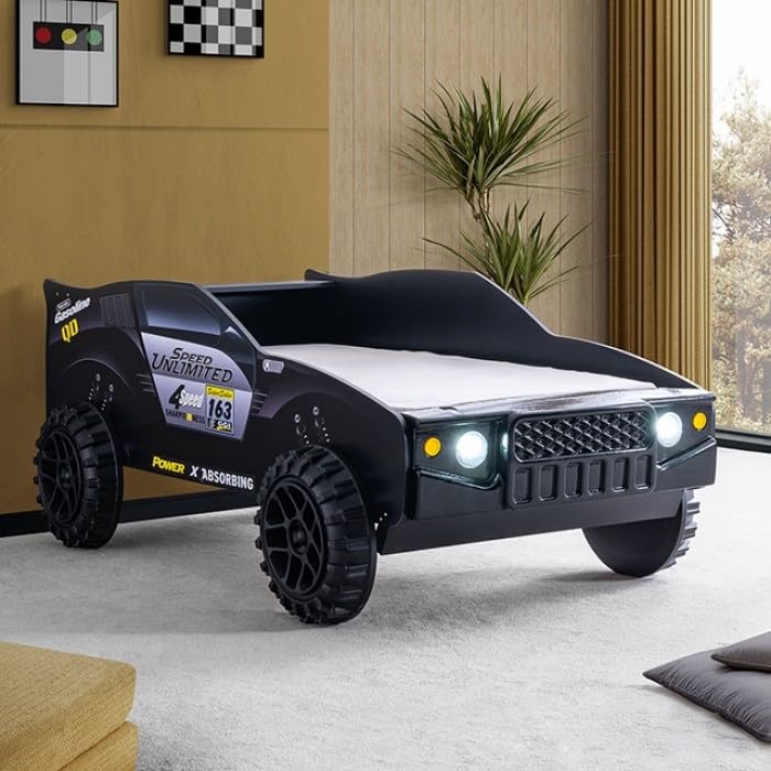 Speed Jump Twin Off-Road Car Bed with LED Headlights - Novelty Kids Bed in High Gloss Black