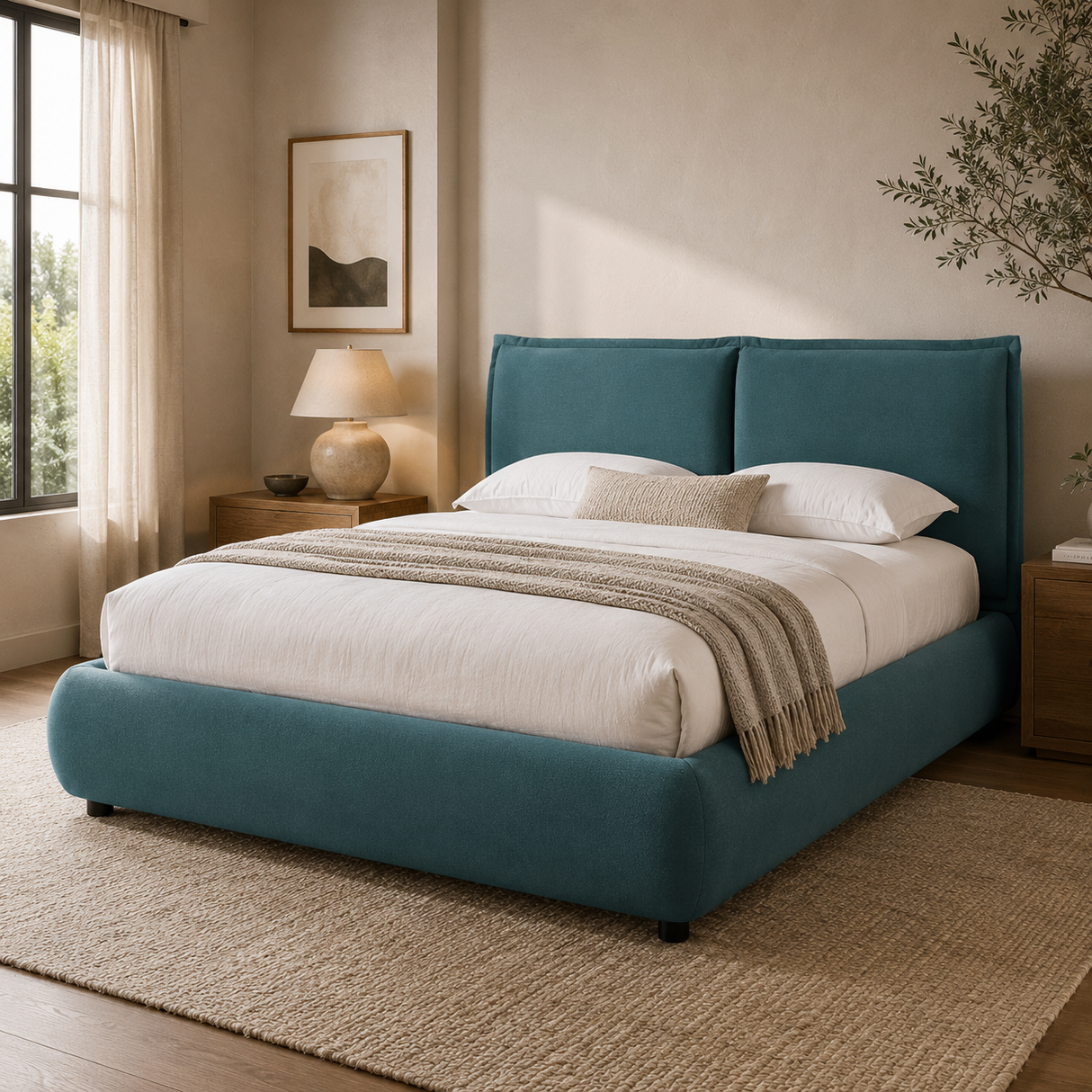 Teal bed in a bedroom with white bedding and a lamp on a nightstand.