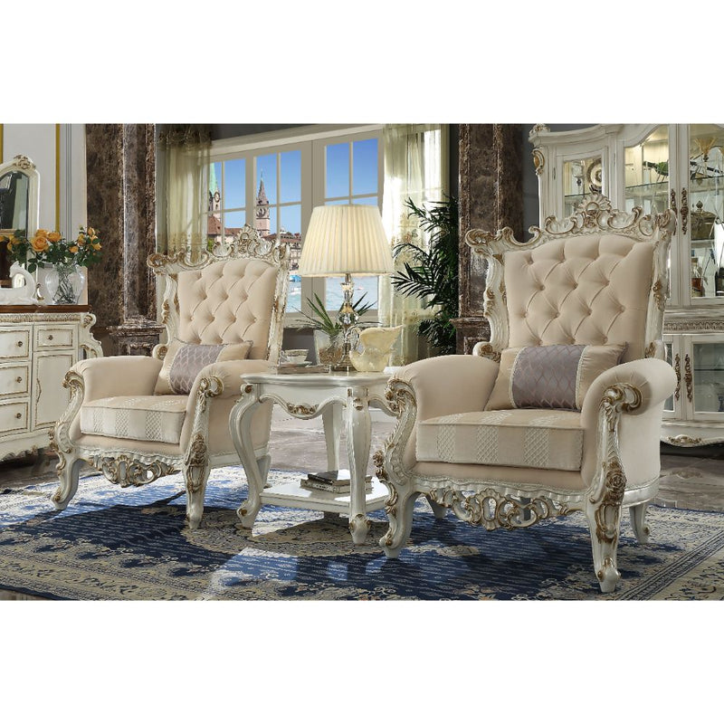 Picardy II Accent Chair with Pillow - Button Tufted Floral Fabric in Antique Pearl