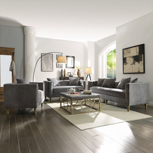 Sidonia Tufted Loveseat & Chair - Nailhead Trim & Turned Wood Legs in Gray Velvet