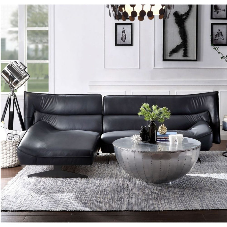 Maeko Top Grain Leather Sectional - Left Chaise, Horizontal Tufting & Metal Sled Base in Dark Gray