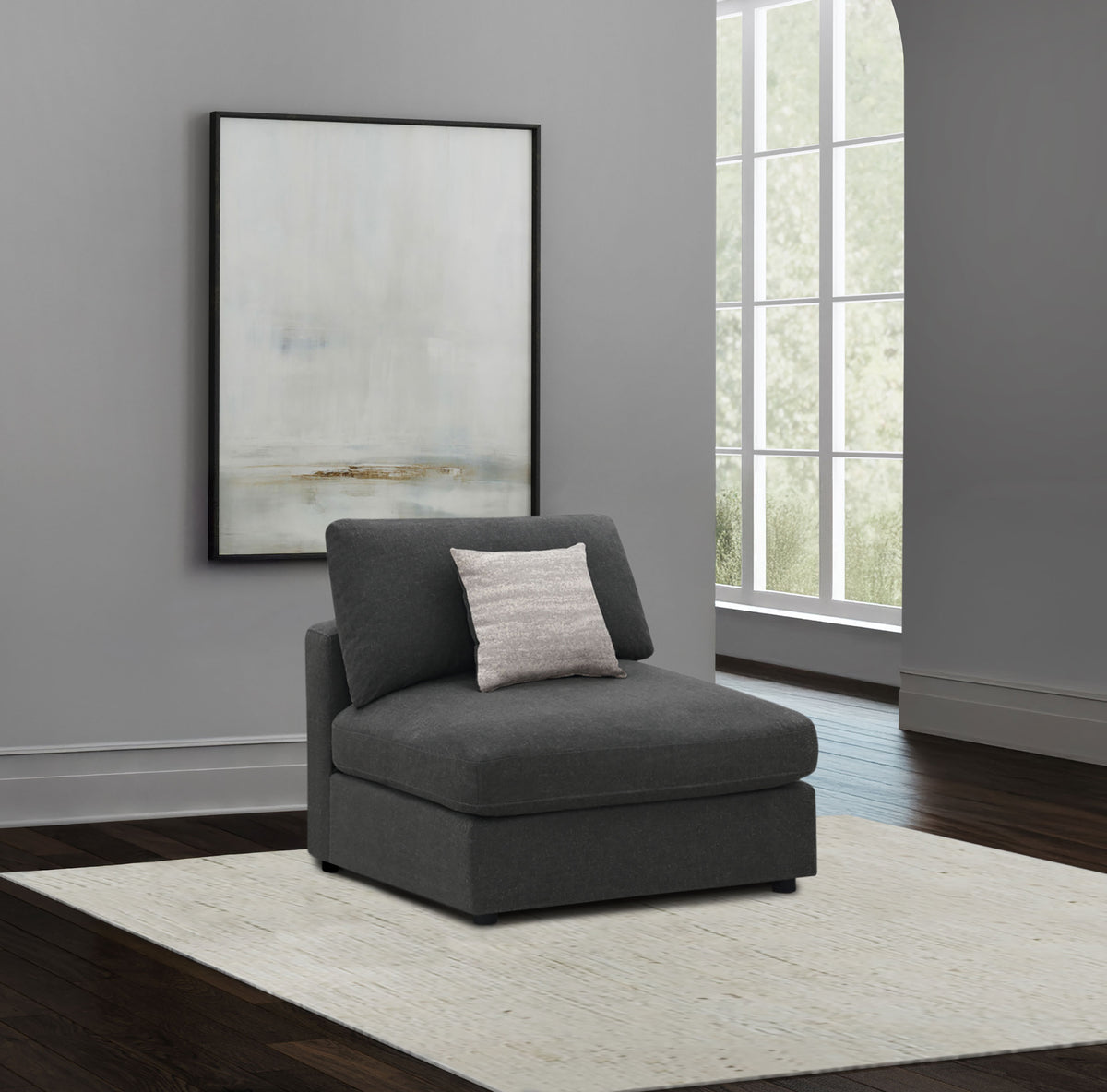Serene Modular Sectional Sofa, Armless Chair & Ottoman - Charcoal Linen-Blend with Feather-Blend Cushions - lifestyle