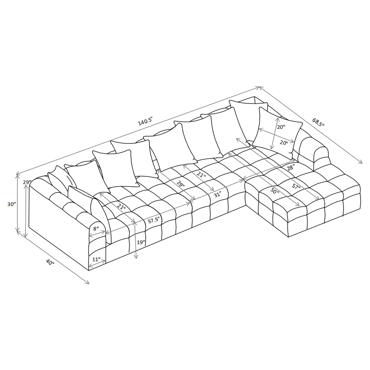 Amara Modular Sectional Sofa, Armless Chair & Ottoman - Channel-Tufted Ivory Fabric with Track Arms – view 20