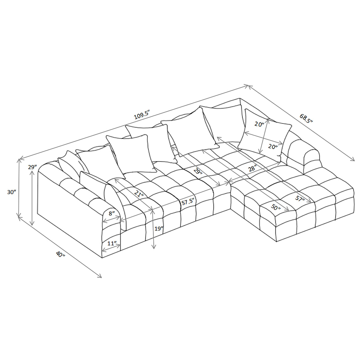 Amara Modular Sectional Sofa, Armless Chair & Ottoman - Channel-Tufted Ivory Fabric with Track Arms – view 12