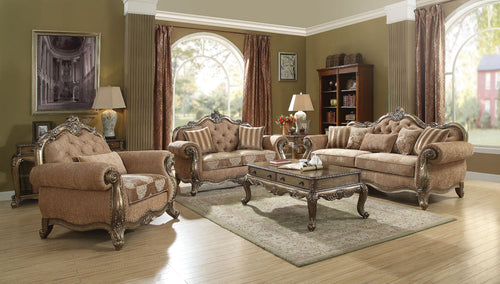 Ragenardus Traditional Living Room Collection - Scrolled Floral Carving & Button Tufting in Vintage Oak or Antique White
