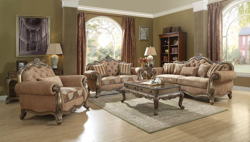 Ragenardus Traditional Living Room Collection - Scrolled Floral Carving & Button Tufting in Vintage Oak or Antique White